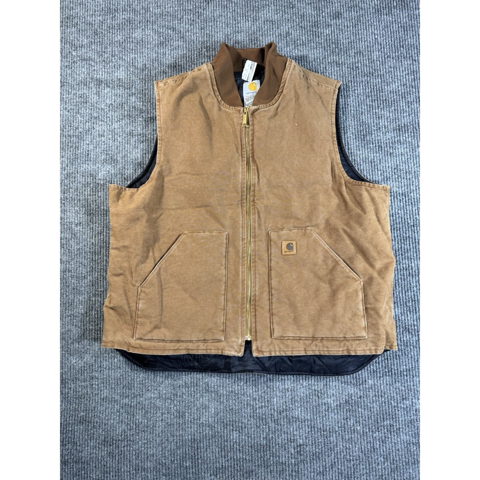 Carhartt Men's Brown Work Vest Quilted Lining Zip-Up Logo Accent Size 2xl Tall